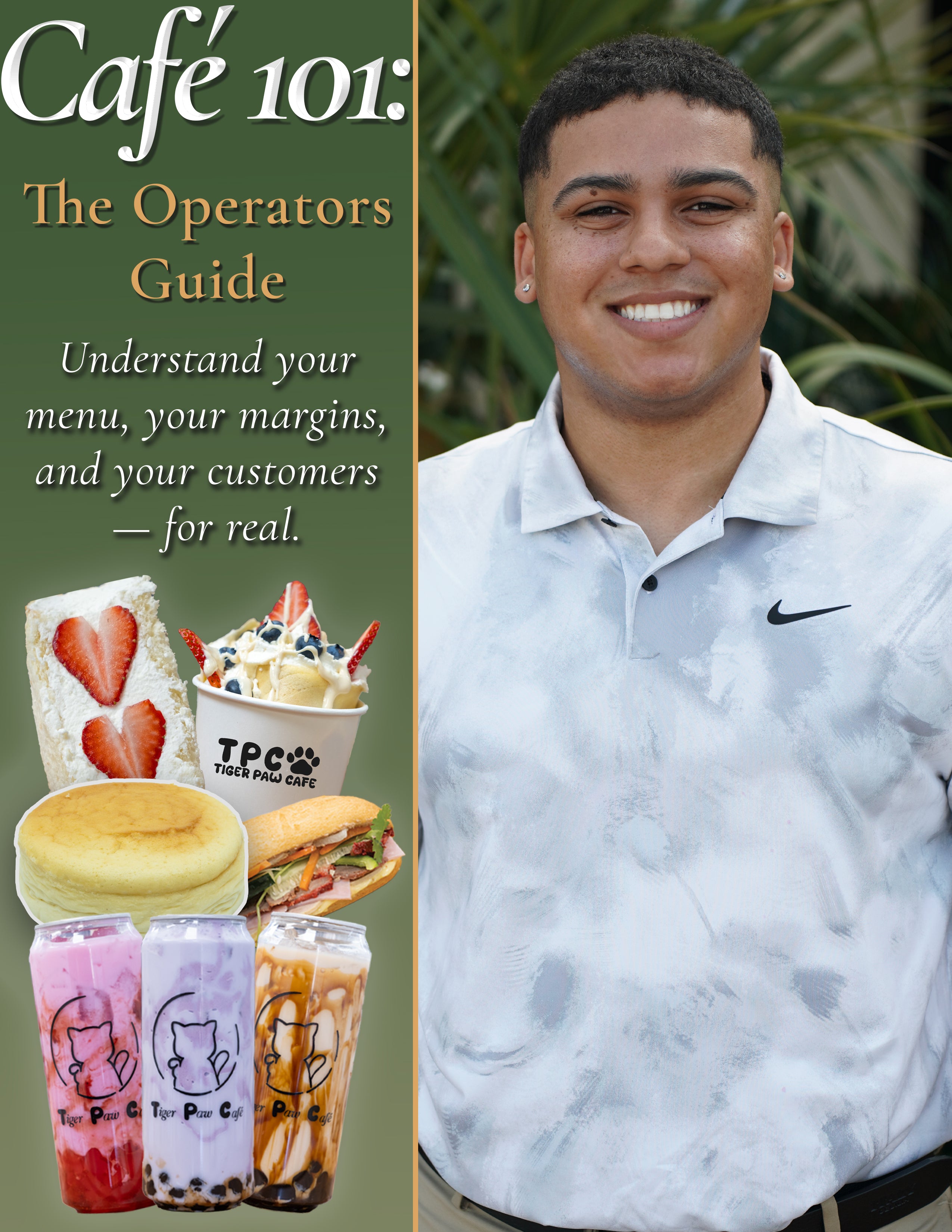 Café 101 book cover with a person and images of food items.